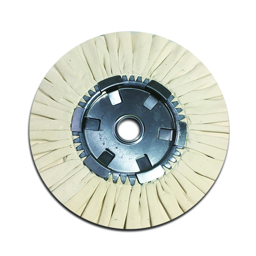 Crafted from premium beige cotton fabric and heavy-duty solid multi-lug metal center hub, this airway buff is designed with built-in ventilated air passages to rapidly release accumulated heat and eliminate workpiece burning during high-speed polishing. The thickened integrated metal inner plate ensures stable concentric rotation and effectively prevents cloth separation under long-running high RPM working conditions. Featuring soft cutting performance and superior surface brightening capability, it is widely used for final mirror finishing of tableware, sanitary fittings, automotive components and irregular curved metal workpieces, multiple sizes can be customized to fit various polishing machines.